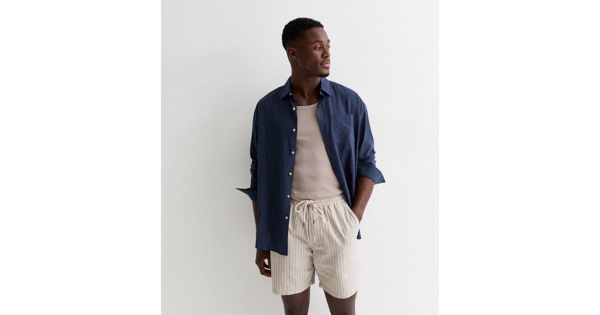 Only & Sons Pale Grey Linen-Cotton Stripe Print Drawstring Shorts | New ...