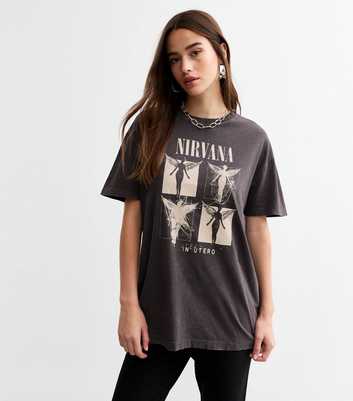 Dark Grey Cotton Nirvana Print Oversized T-Shirt