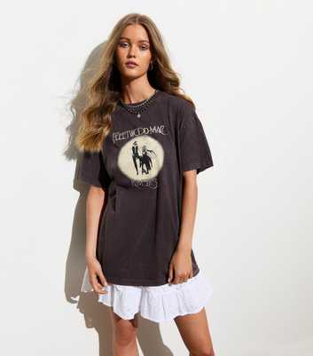 Dark Grey Cotton Acid Wash Fleetwood Mac Slogan Oversized T-Shirt