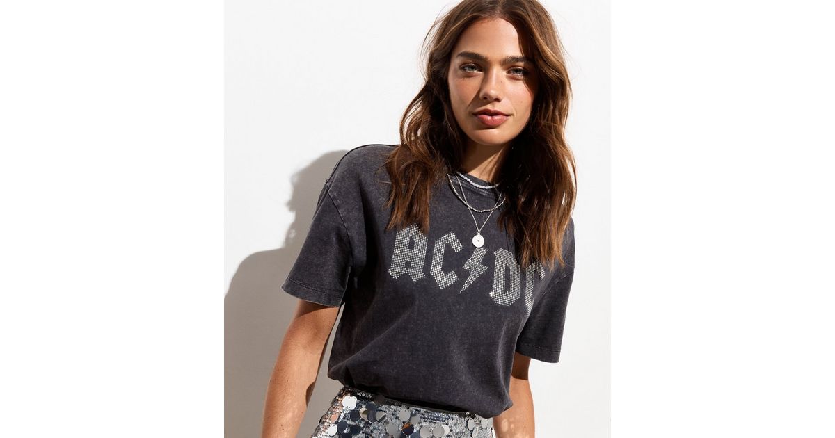 Dark Grey ACDC Logo Oversized Cotton T-Shirt | New Look