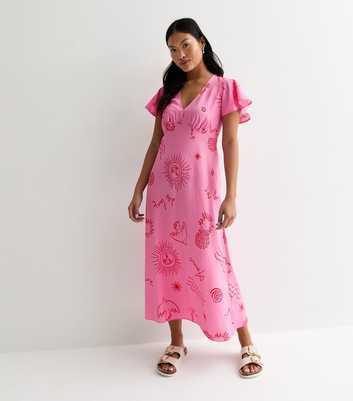 Petite Pink Abstract Print Flutter Sleeve Midi Dress
