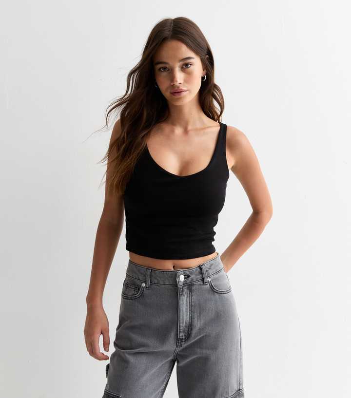 Black Scoop-Neck Crop Vest Top 