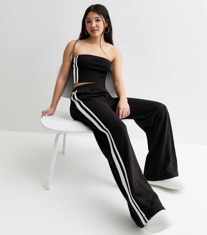 Girls Black Side Stripe Wide Leg Joggers