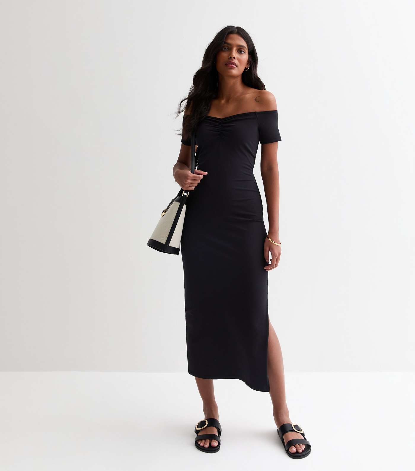 Black Jersey Ruched Bardot Midi Dress Image 3