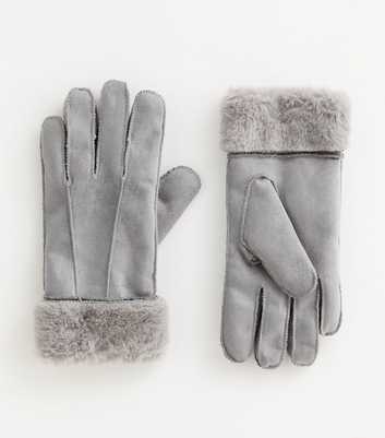 Grey Suedette Gloves Faux Fur Lined Gloves