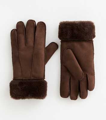 Dark Brown Suedette Gloves Faux Fur Lined Gloves