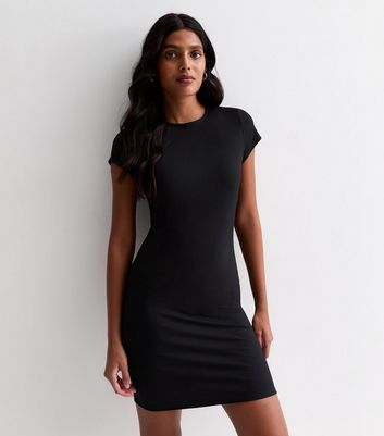 Black Open Tie Back Ribbed Mini Dress | New Look