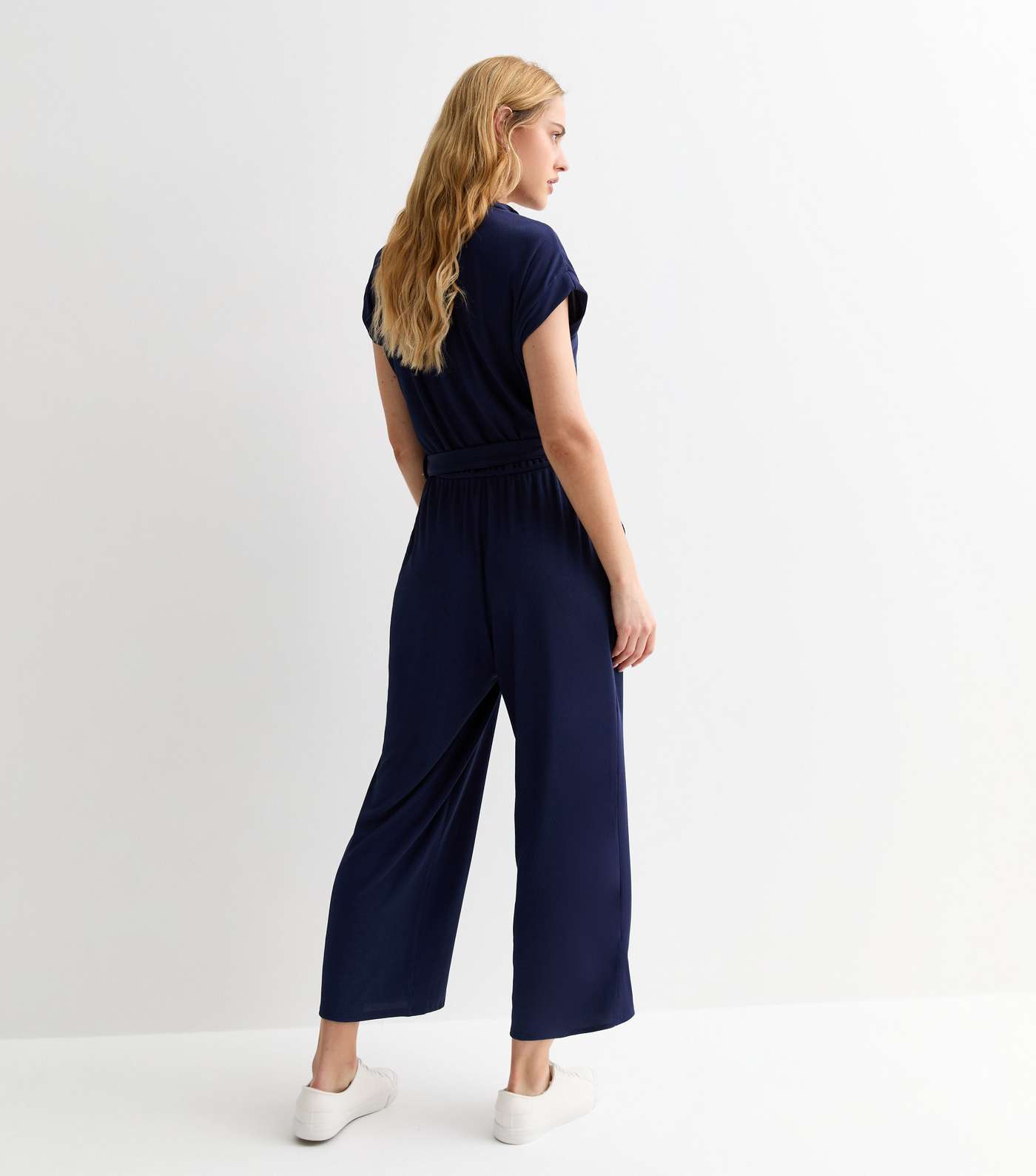 Navy Ribbed Zip Up Jumpsuit Image 4