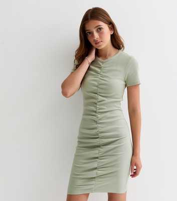 Girls Light Green Cap Sleeve Ruched Front Mini Dress