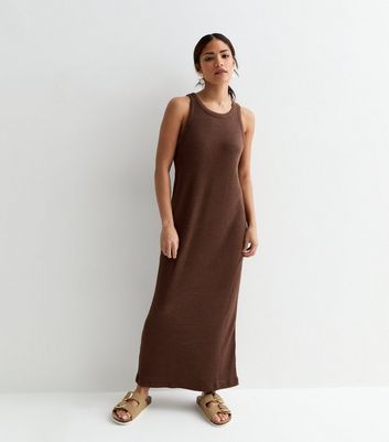 Petite Dark Brown Ribbed Racer Midi Dress New Look