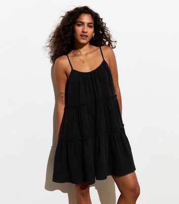 Petite Black Cotton Strappy Tiered Mini Dress