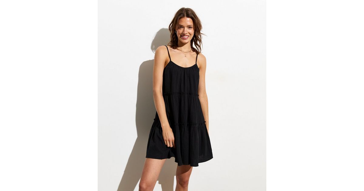 High Neck Knitted Mini Dress with Tiered Detailing - Black