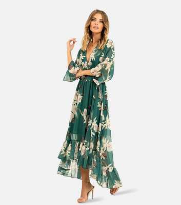 Yumi Green Floral Dip Hem Wrap Midi Dress