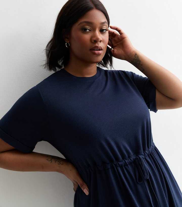 Curves Navy Jersey Drawstring Mini Dress