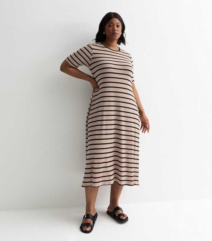Curves Light Brown Striped Ribbed Midi Dress | New Look