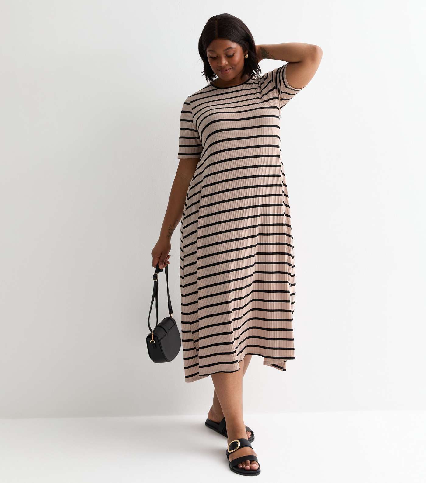 Curves Light Brown Stripe Ribbed Midi Dress Image 3