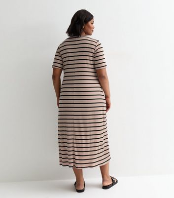 Curves Light Brown Stripe Ribbed Midi Dress New Look