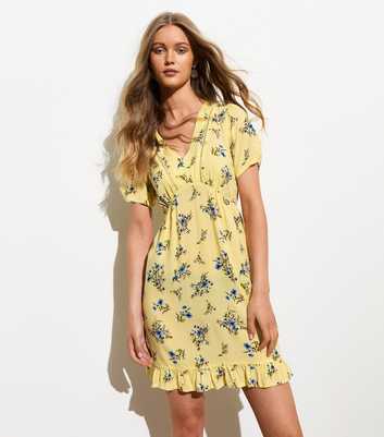 Yellow Floral-Print V-Neck Mini Dress