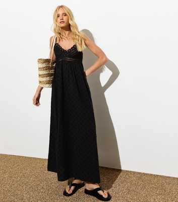 Black Cotton Crochet Strappy Midi Dress