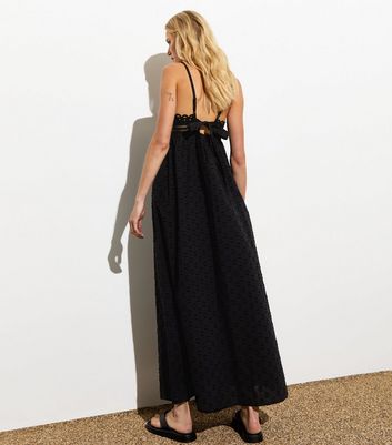 Black Cotton Crochet Strappy Midi Dress New Look