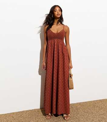 Dark Brown Cotton Crochet Strappy Midi Dress