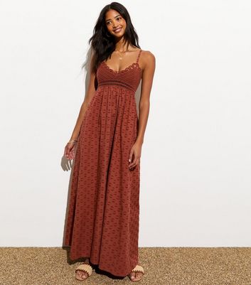 Dark Brown Cotton Crochet Strappy Midi Dress New Look