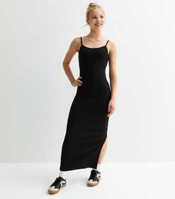 Girls Black Ribbed Cotton-Blend Maxi Dress