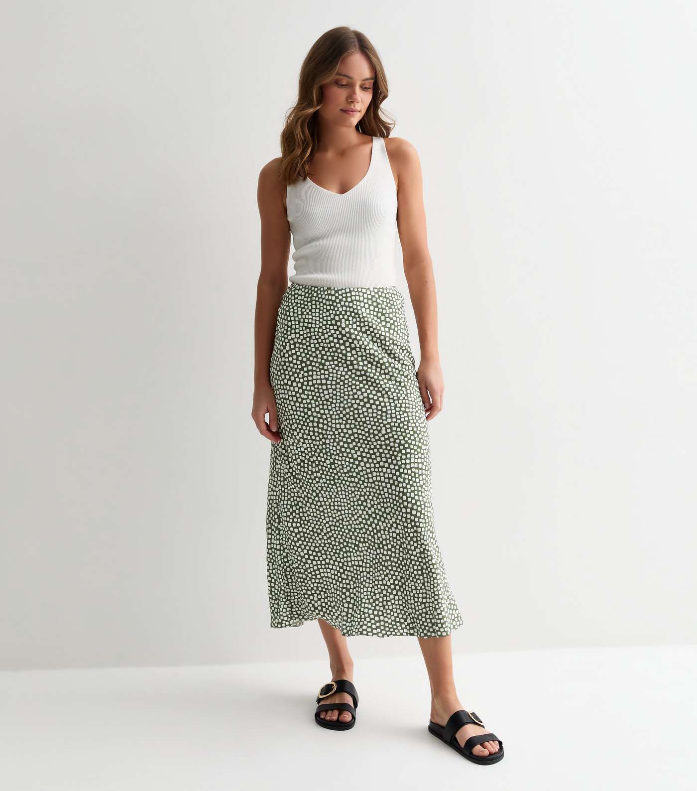 Green Spot Print Bias Cut Midi Skirt Image 3
