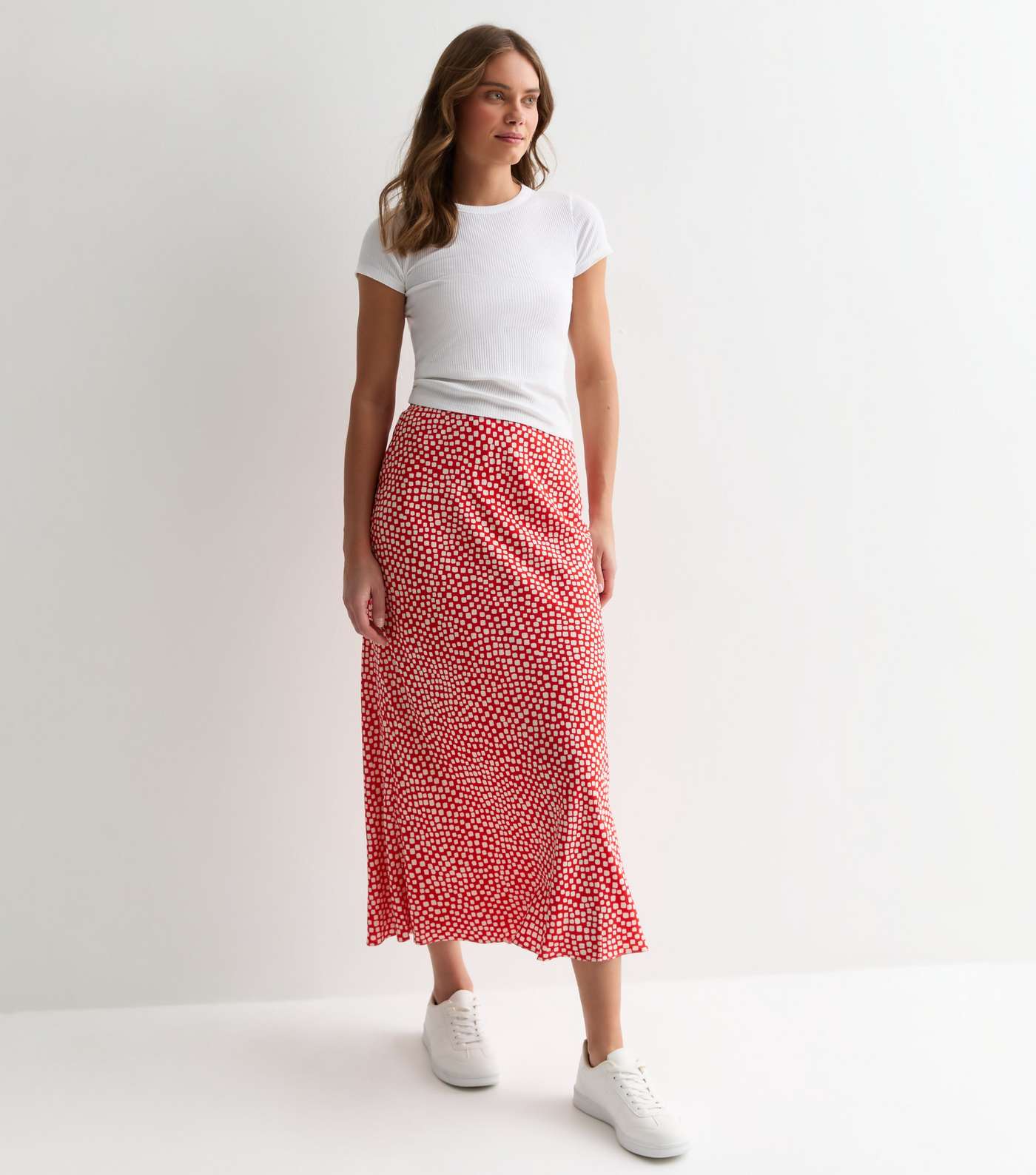 Red Spot Print Bias Cut Midi Skirt Image 3