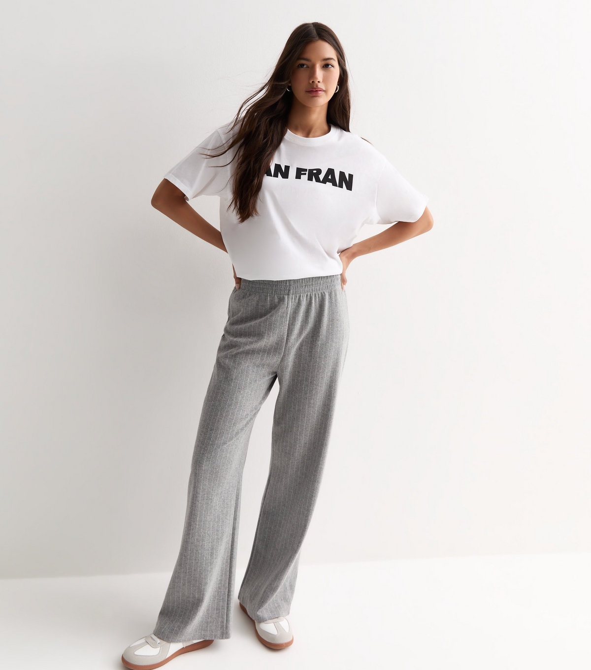Women's Light Grey Pinstripe Wide Leg Joggers New Look
