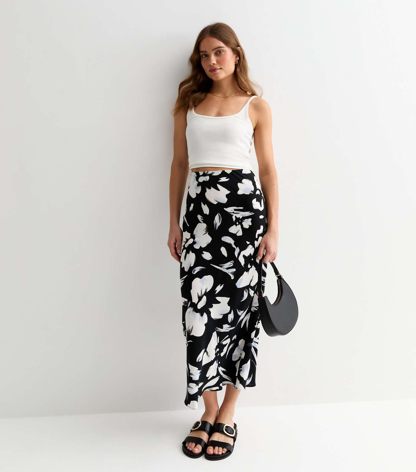 Black Floral Print Bias Cut Midi Skirt Image 3