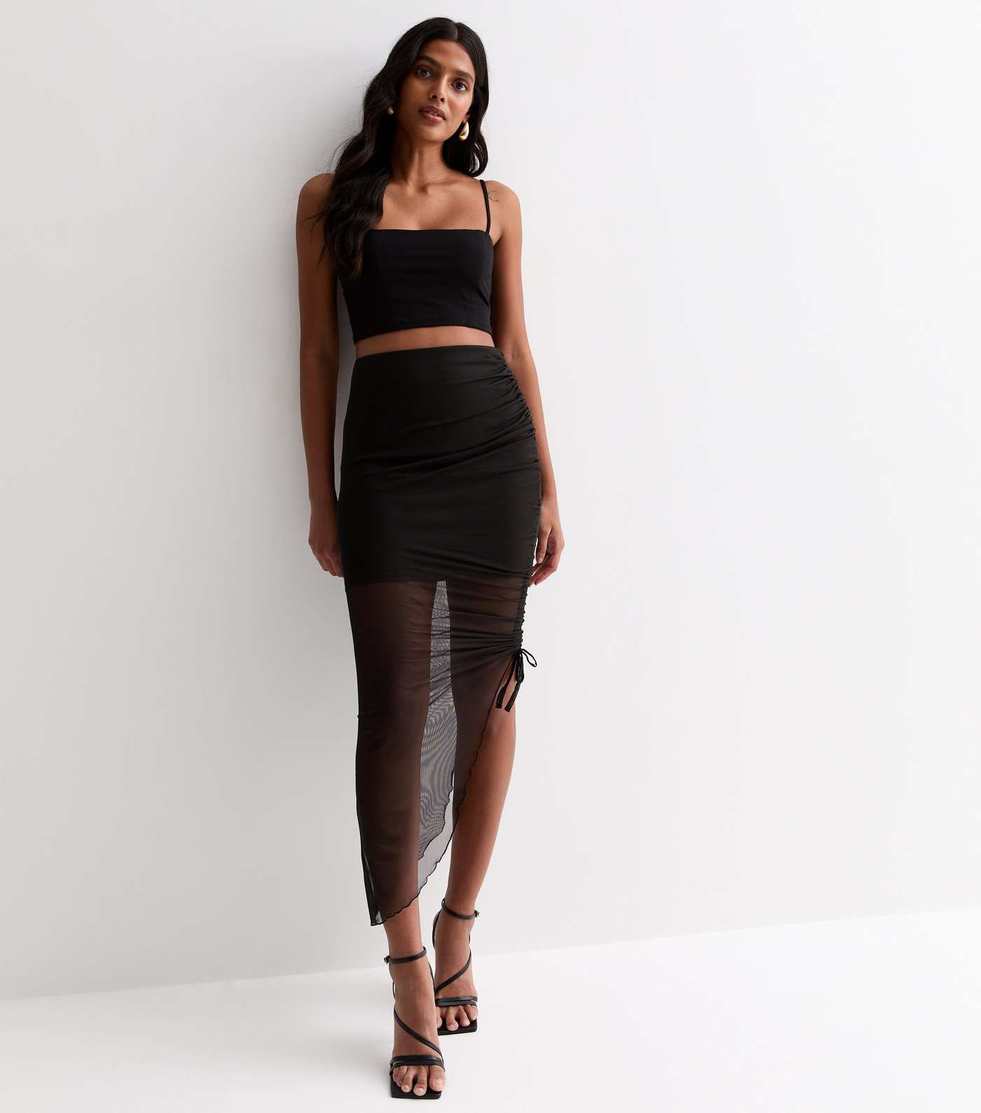 Black Asymmetric Ruched Mesh Midi Skirt Image 3