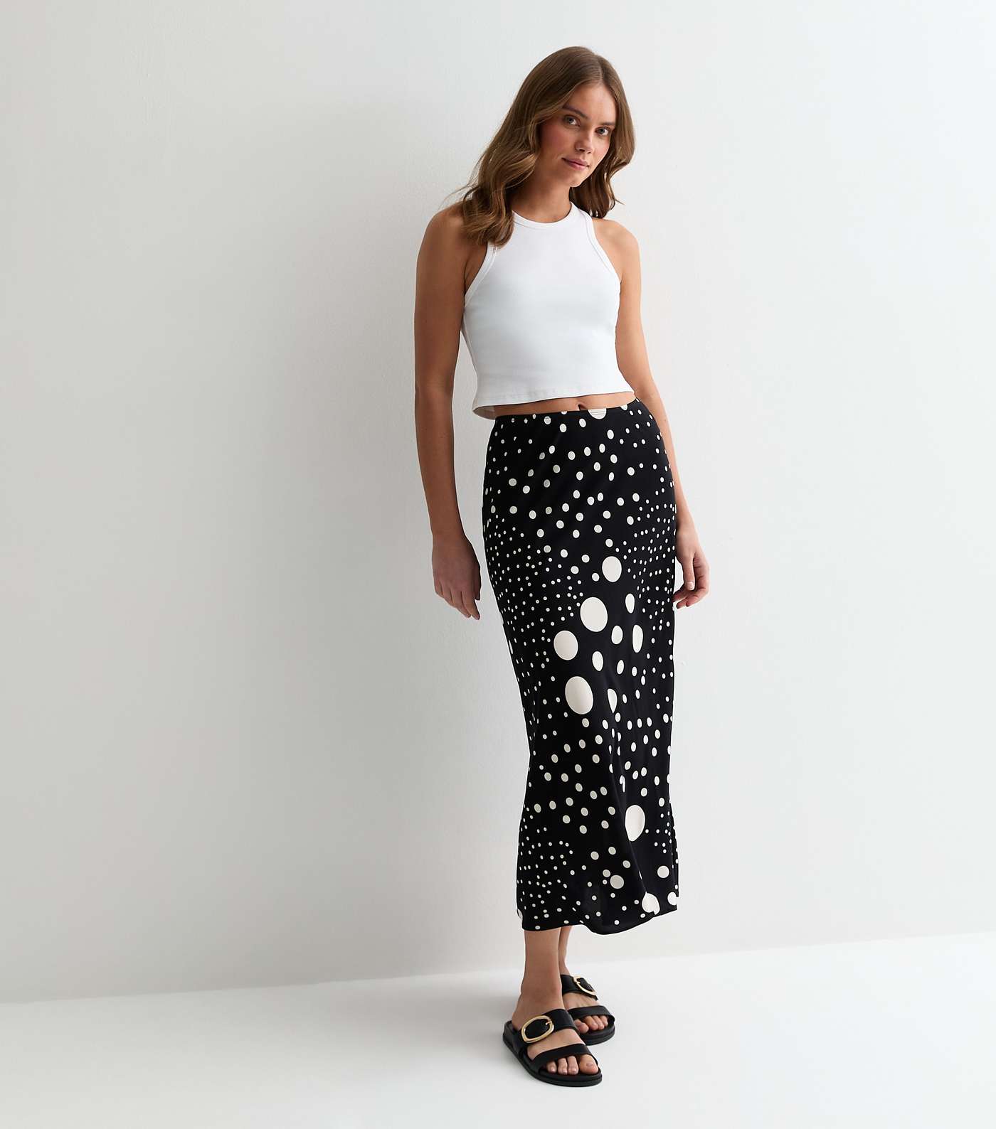 Black Spot Print Bias Cut Midi Skirt Image 3