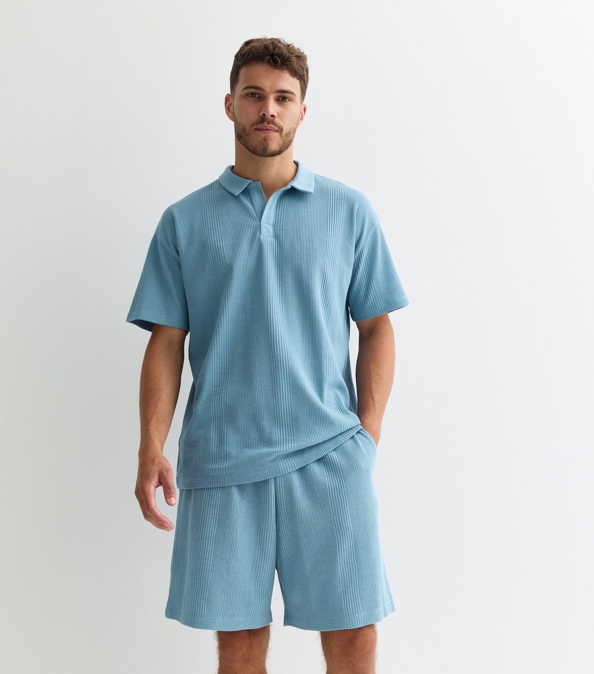 Men's Blue Grid-Textured Drawstring Jersey Shorts New Look