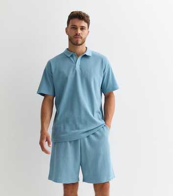 Blue Grid-Textured Drawstring Jersey Shorts 