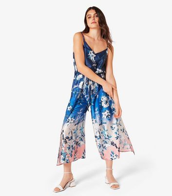 Apricot Navy Ombré Floral Satin Split Leg Jumpsuit New Look