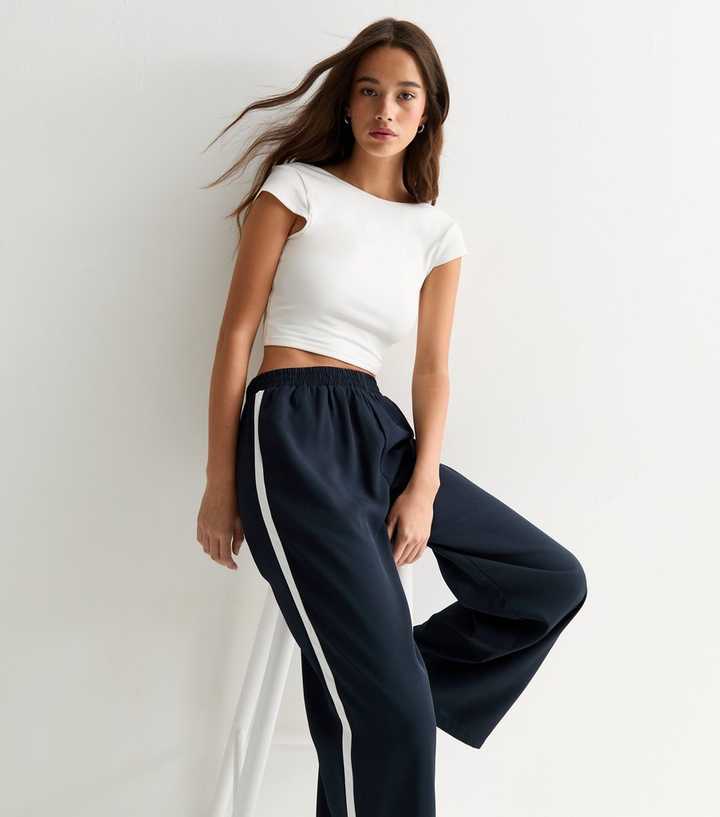 Navy Stripe Wide Leg Tailored Joggers