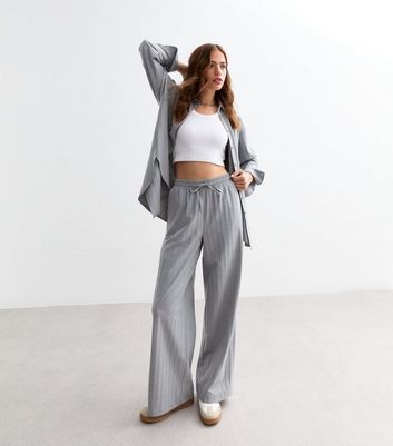 Grey Pinstripe Drawstring Wide Leg Trousers