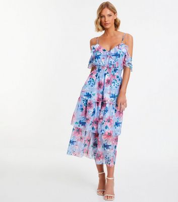 QUIZ Pale Blue Floral Cold Shoulder Midi Dress New Look