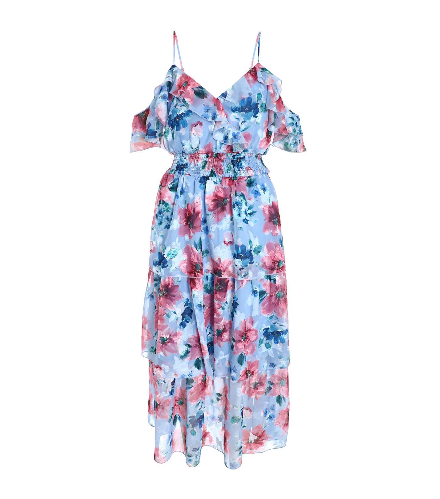 QUIZ Pale Blue Floral Cold Shoulder Midi Dress Image 4