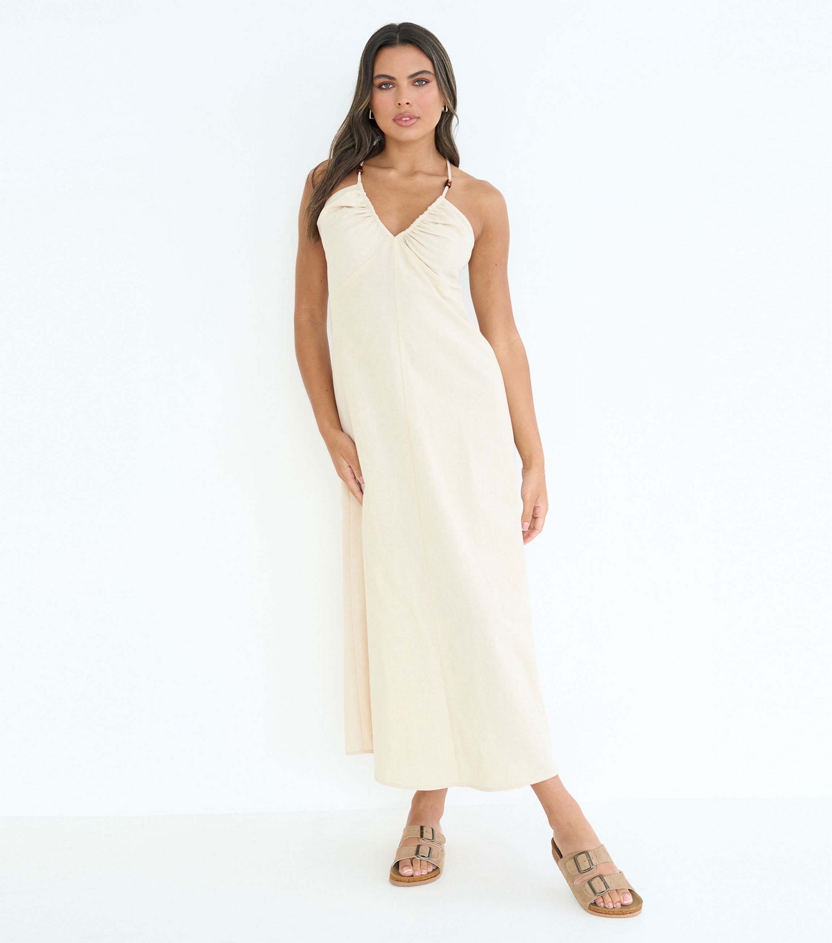 Women's Stone Linen-Blend Beaded Midi Dress Urban Bliss New Look