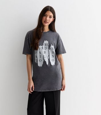 Grey Acid Wash Cotton City Logo Oversized T-Shirt New Look