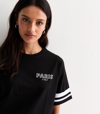Black Paris Motif Boxy Cotton T-Shirt New Look