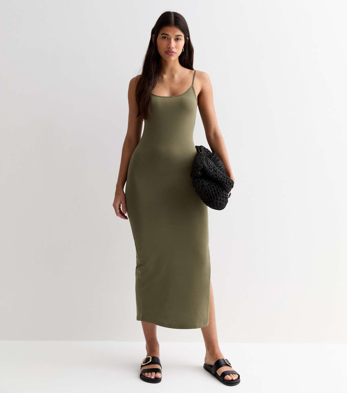Tall Khaki Cotton Strappy Midi Dress Image 3