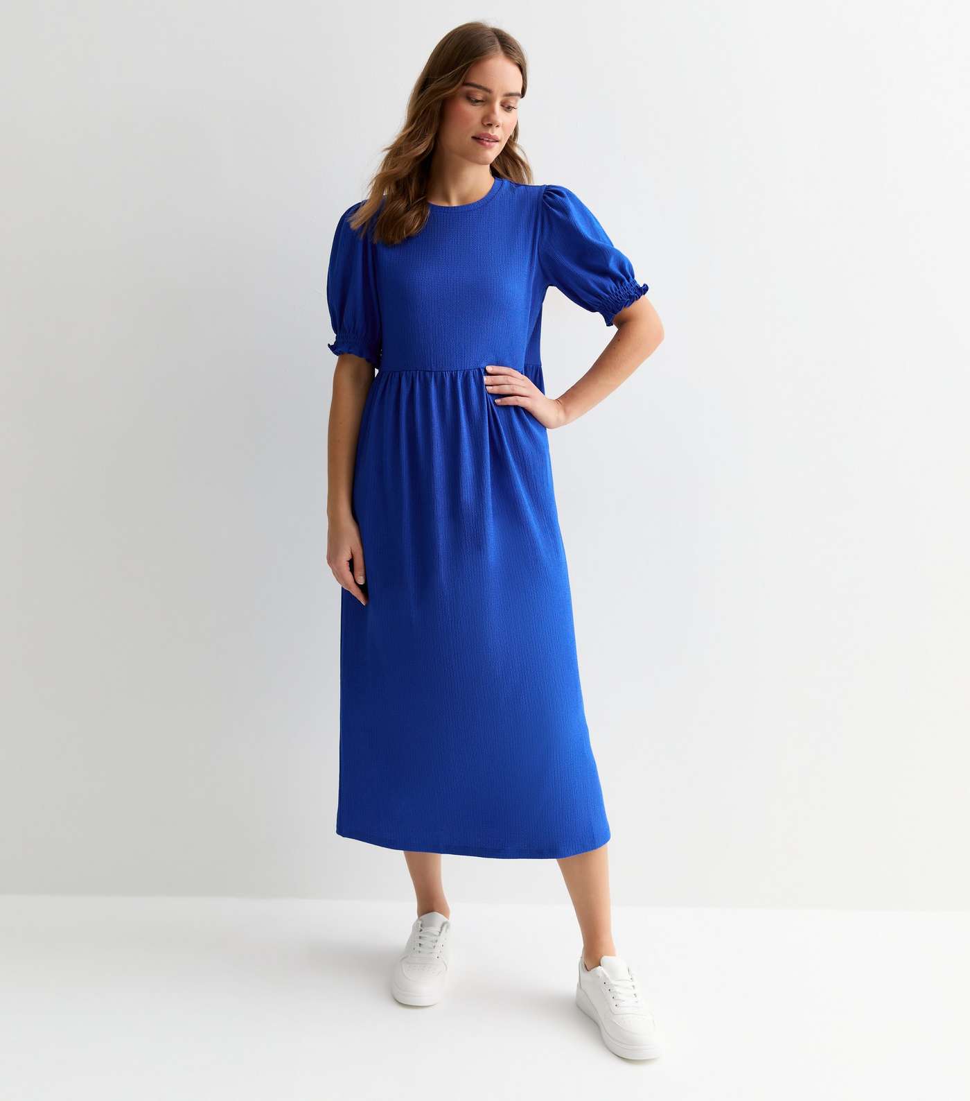 Blue Crinkle Short Sleeve Midi Smock Dress Image 3