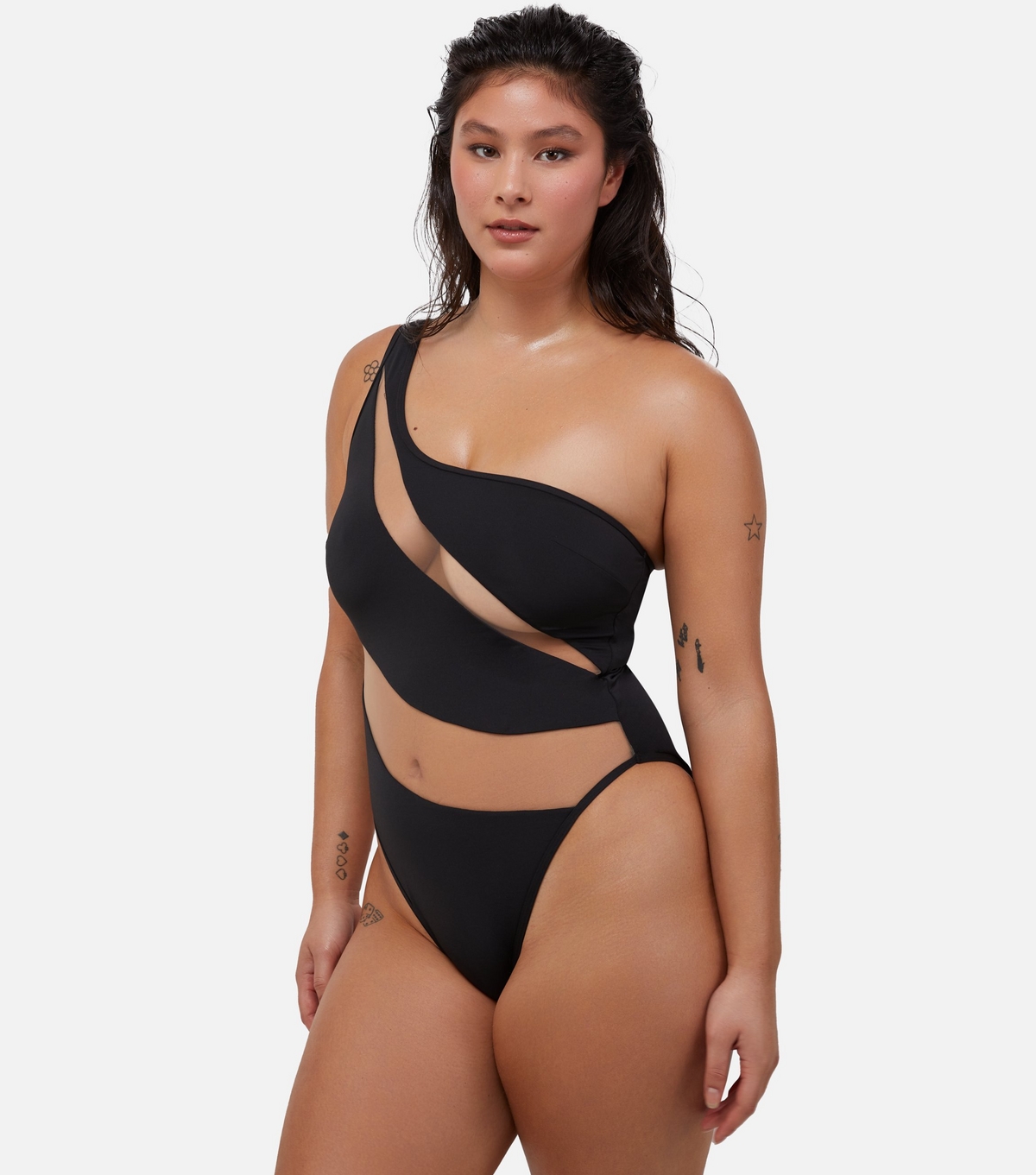 Women's Black Mesh Panel Asymmetric Swimsuit Wolf & Whistle New Look