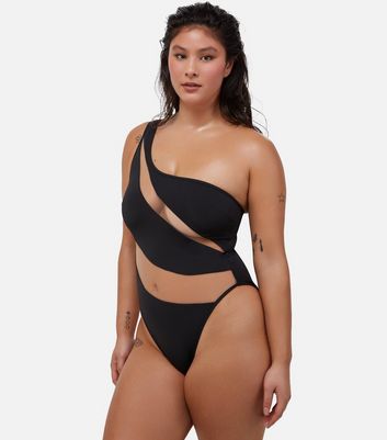 Wolf Whistle Black Mesh Panel Asymmetric Swimsuit New Look