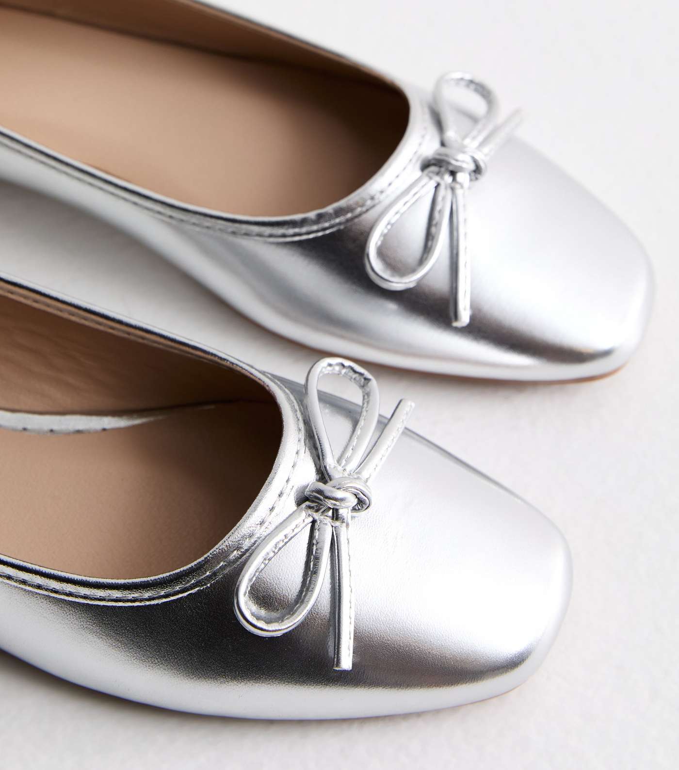 Truffle Silver Leather-Look Bow Ballerina Pumps Image 3