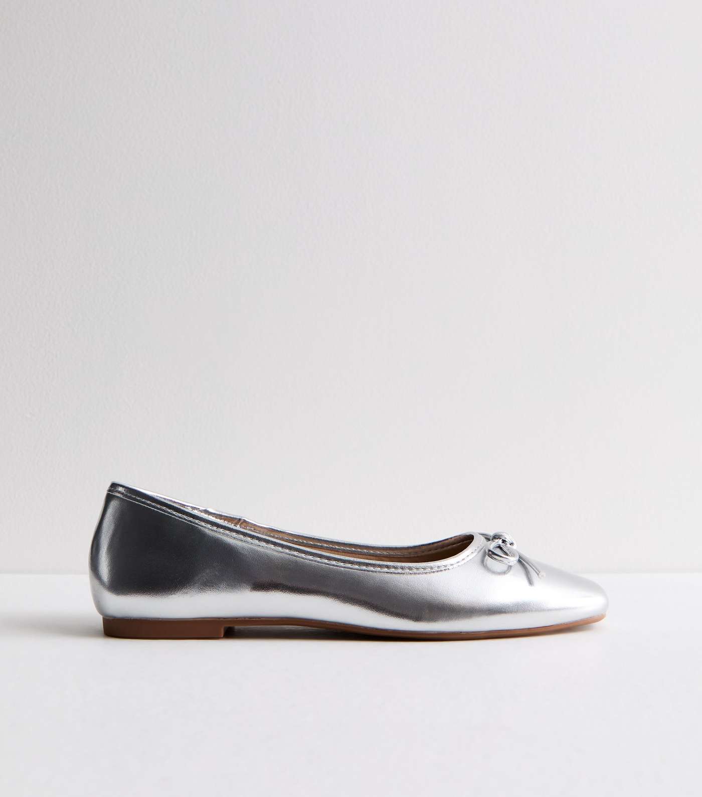 Truffle Silver Leather-Look Bow Ballerina Pumps Image 5