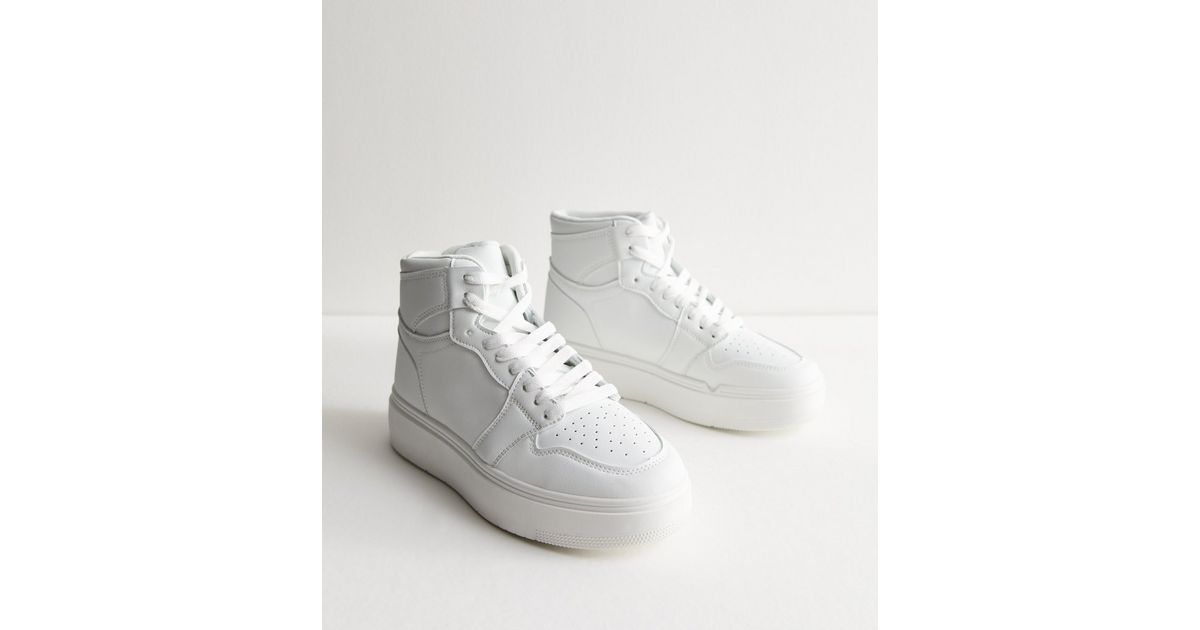 Truffle White Leather-Look High Top Trainers | New Look